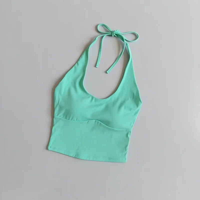 Women Halter Tie Open Back Yoga Tank Top Summer Skin-Friendly Breathable Fixed Padding Sports Bra Gym Fitness Workout Crop Top