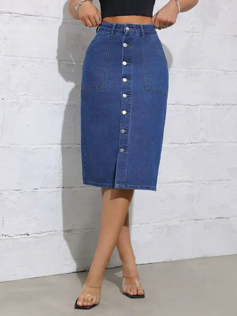 Women Waist Stretchy Denim Pencil Skirt, Midi Knee Length Slit Bodycon Flattering Casual Daily Streetwear Chic Ladies Midi Skirt