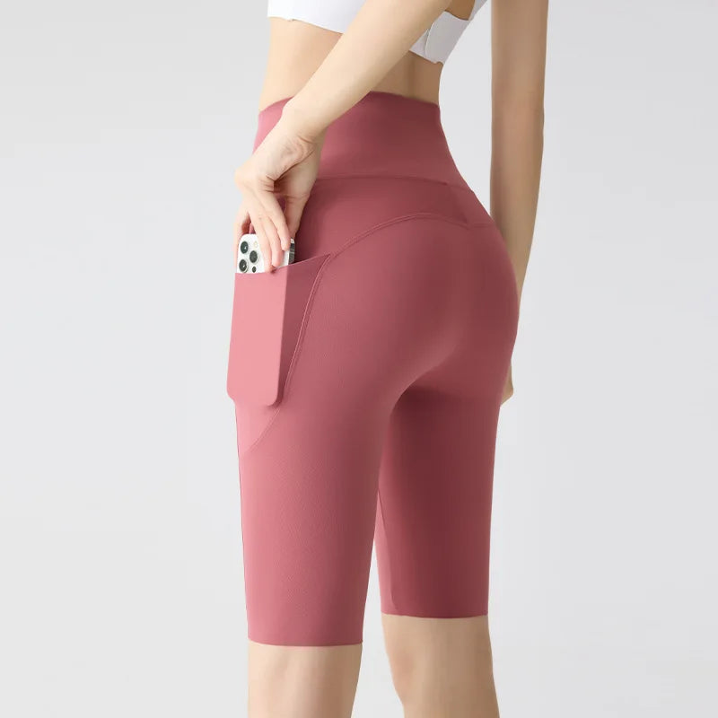 BIVIGAOS Summer Pocket Yoga Sharkskin Bicycle Shorts Women Thin High Waist Push Up Naked Feeling Sports  Fitness Cycling Shorts