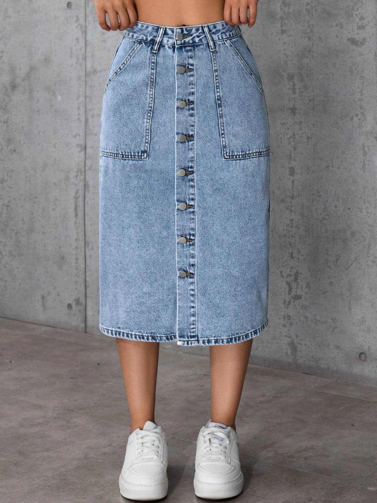 Summer Women Denim Skirt High Waist Buttons Placket Solid Color Midi Skirt Irregular Slit Design Mid-calf Length Skirt