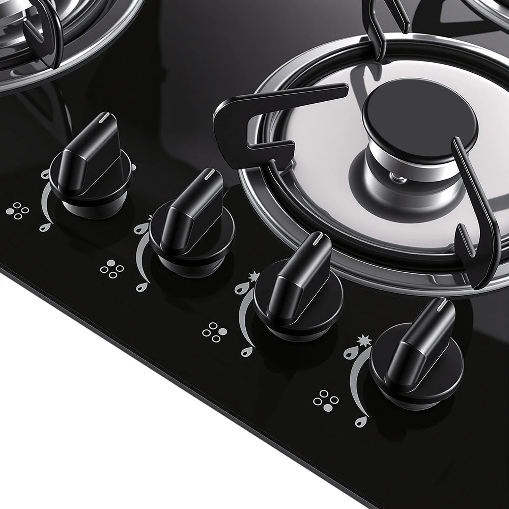 Built in Gas Stove Four Burners Tempered Glass Panel Pulse Ignition Uniform Firepower Cast Iron Support for Modern Kitchens