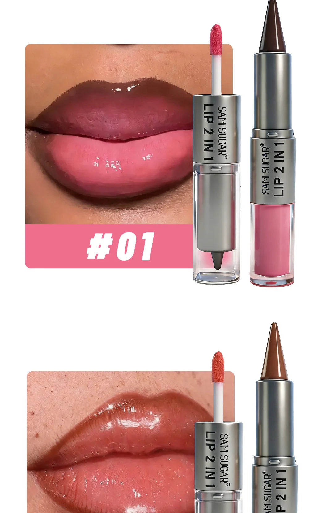 2 in 1 Lip Liner & Lip Gloss, Dual Ended Hydrating Non Stick Lipstick, Matte Velvet Outline Crayon with Shiny Plumping Lip Glaze