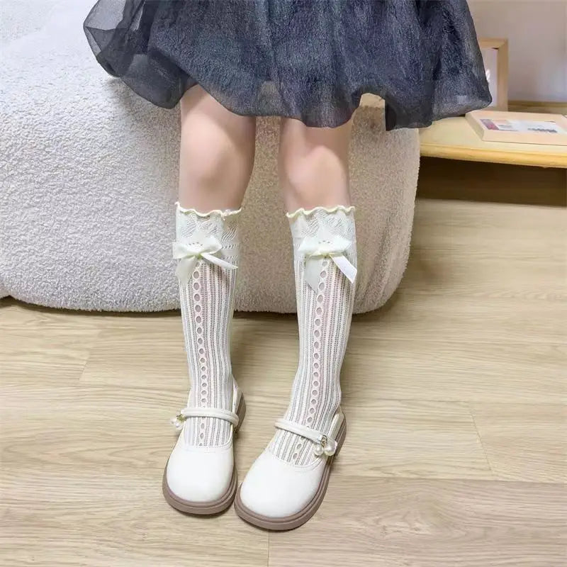 Girls Long Tube Lace Stockings Sweet Bow Jacquard Pattern Mesh Sock Baby Girl Ballet Fishing Net Frilly Socks Lolita Leggings