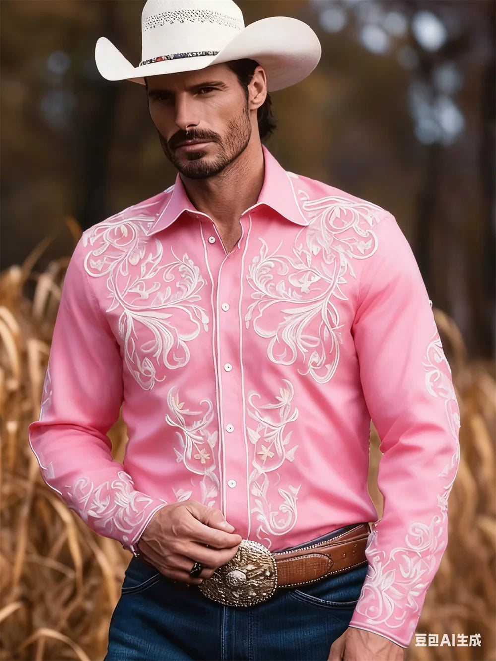 Men's Western Cowboy Style Casual Shirt with 3D Digital Printing Pattern, Vintage Holiday Casual Button Shirt