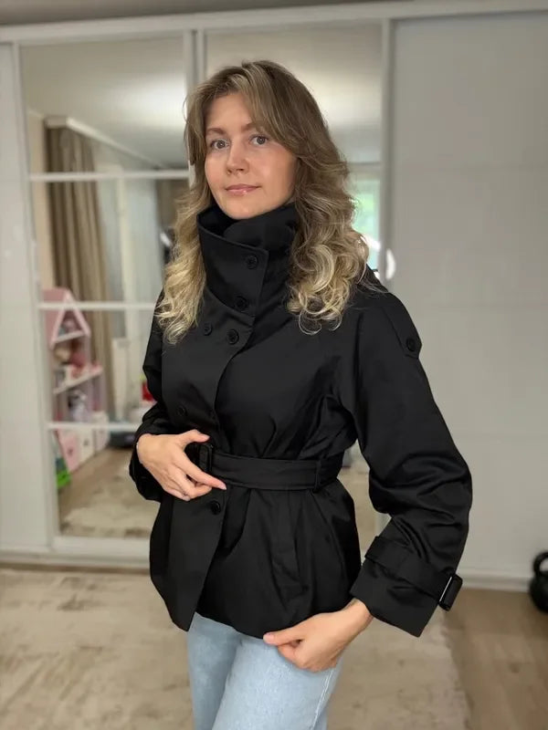 Minimalist Brown Belted Waist Trench Coat Women Vintage Double Breasted Stand Collar Jacket 2026 New Autumn Chic Casual Overcoat