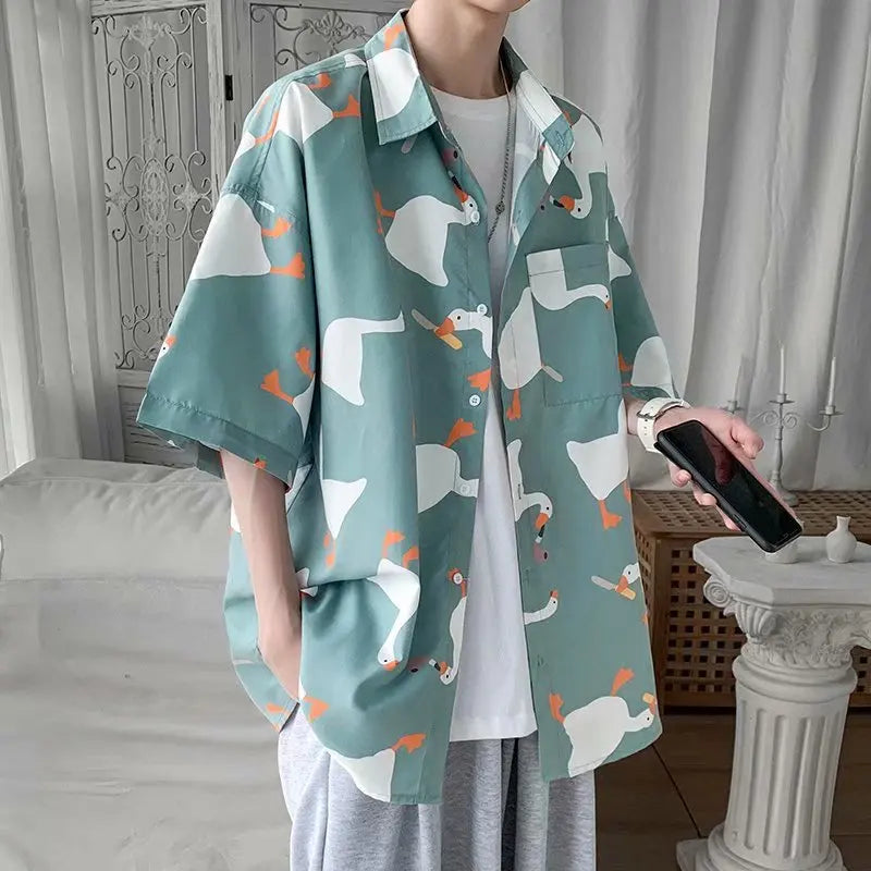 Retro Oil Painting Goose Print Men's Short Sleeve Thin Shirt Summer Fashion Casual Loose Square Neck Versatile Top