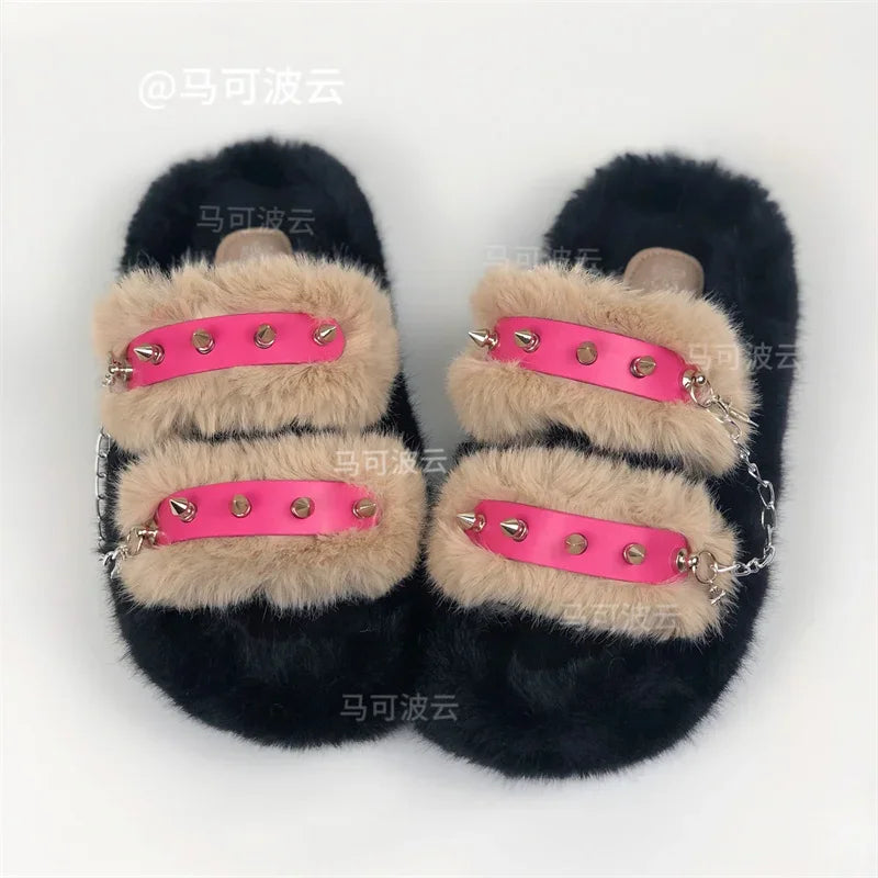 Y2K style winter outdoor shoes for women Faux fur warm slippers Fashion rivet Punk shoes