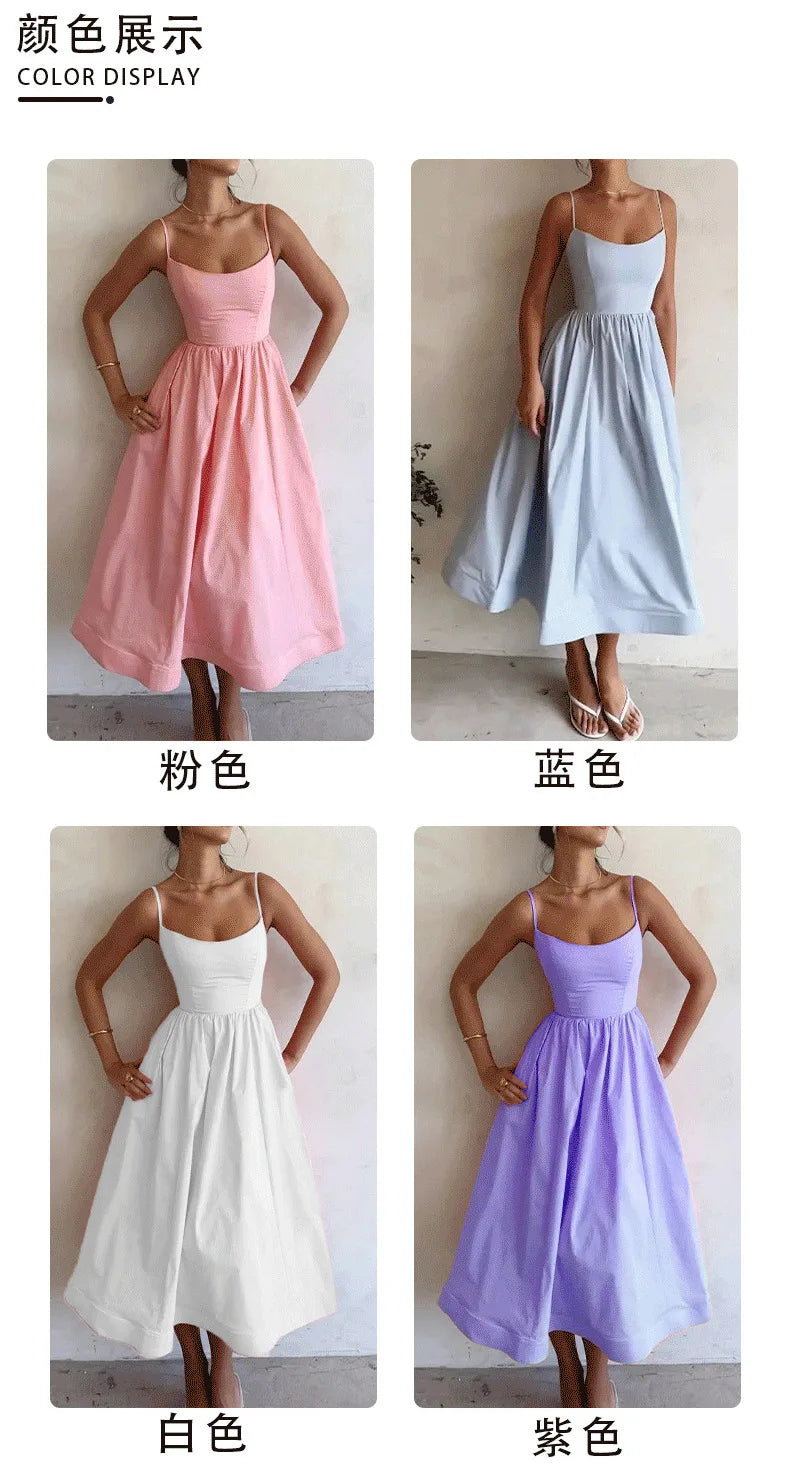 Summer U-neck Casual Female Vintage Elegant Spaghetti Strap Dress Women Elegant Solid Sleeveless A-line Midi Women's Dresses