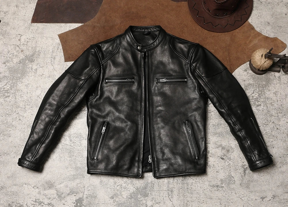 Black Winter Leather Jacket Men Sports Style Plus Size 5XL Genuine Natural Thick Cowhide Stand Collar Slim Fit Short Coat