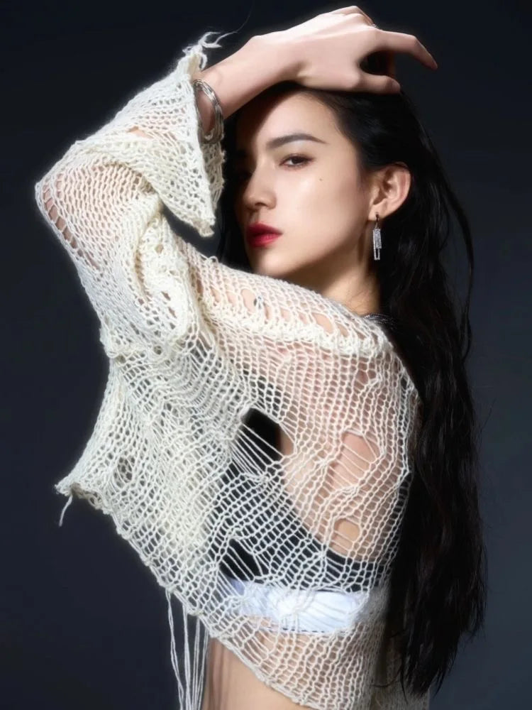 Sexy White Slash Neck Grunge Knitted Women's Sweater Hole Ripped Pullover Crop Top Harajuku Hollow Out Fashion Summer Jumpers