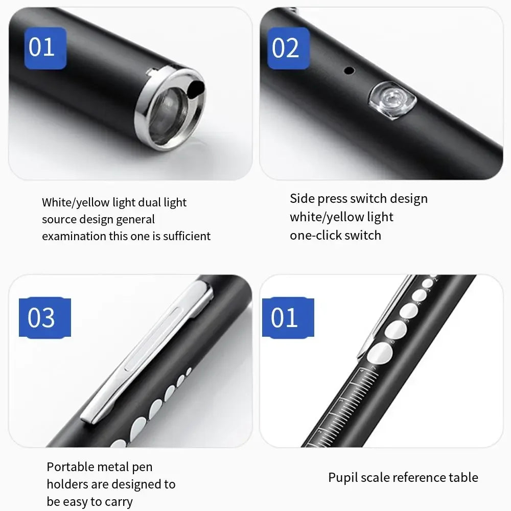 Portable Mini LED Pen Light Multi Function Pocket Clip LED Torch Lamp USB Rechargeable with Dual Lamp Nursing Flashlight