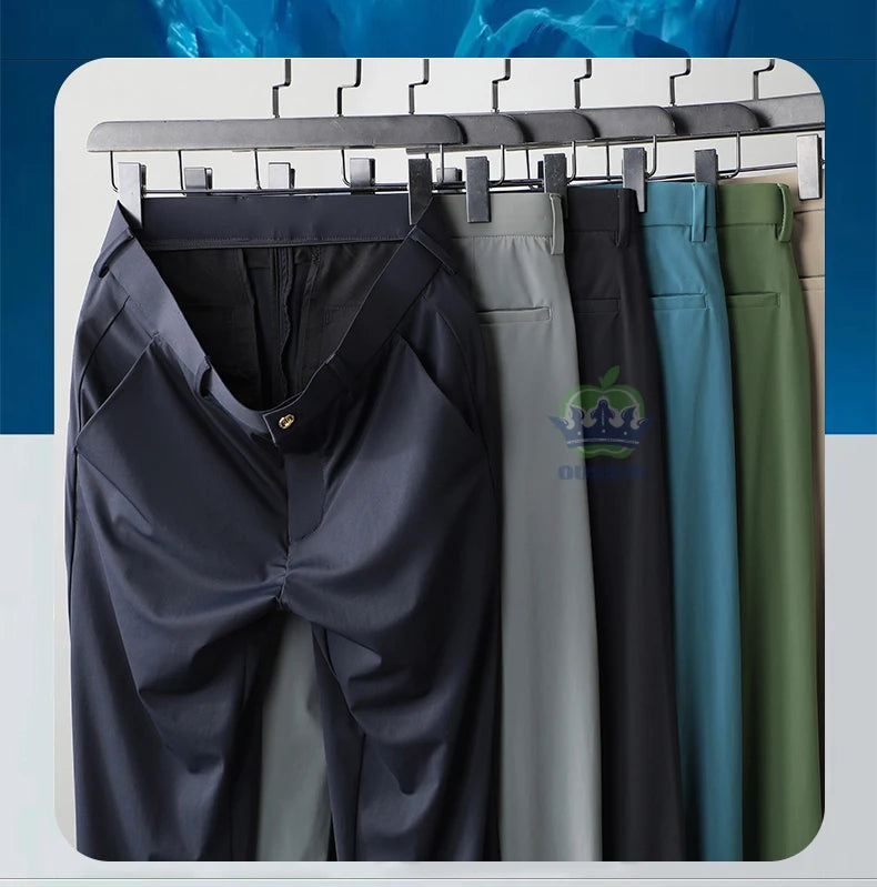 High Stretch Fabric Summer Thin Ice Silk Business Pants Men Elastic Waist Classic Work Office Formal Suit Trousers Plus Size 40