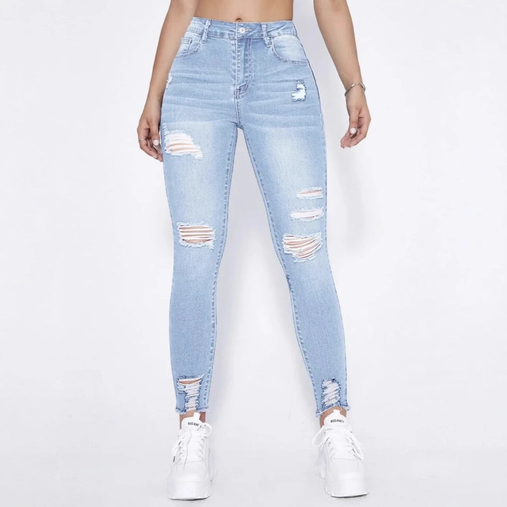 New In Women Fashion Mid Waist Ripped Hole Jeans Casual High Street Denim Pants Sexy Frayed Slim Fit Pencil Pants for Women