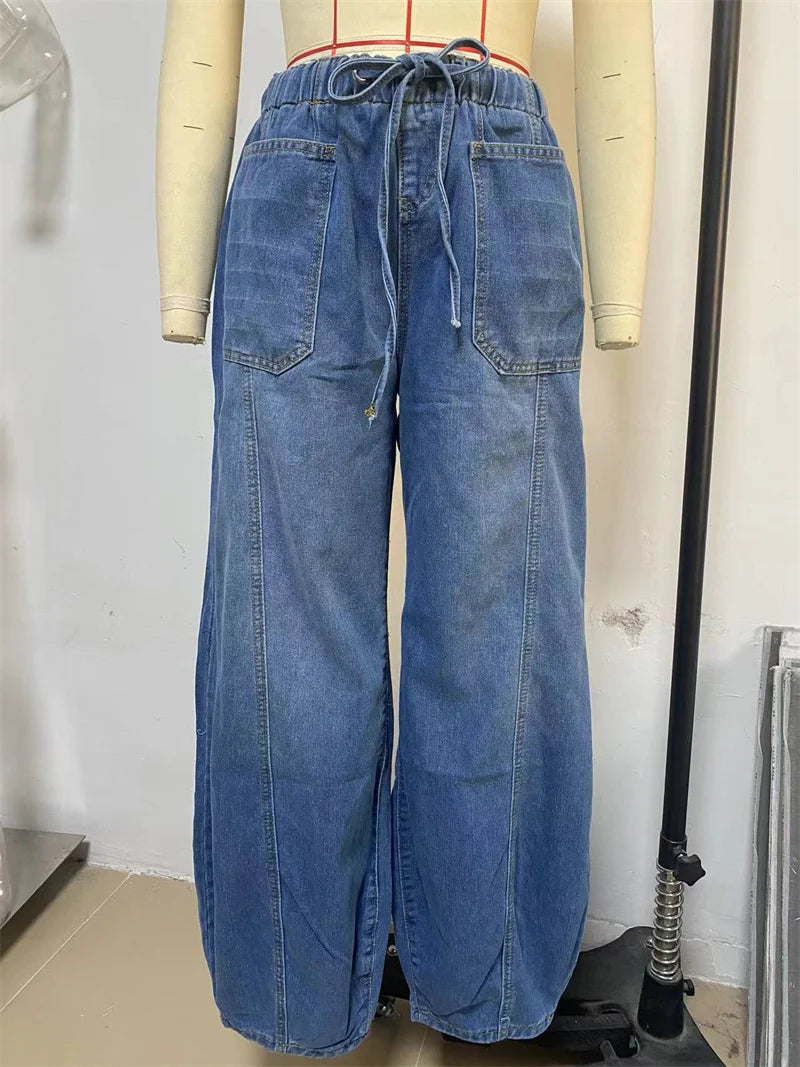 2025 Spring Street Fashion Washed Wide Leg Baggy Jeans Women Casual Loose Mid Waist Denim Pants Boyfriend Denim Bloomers Jeans