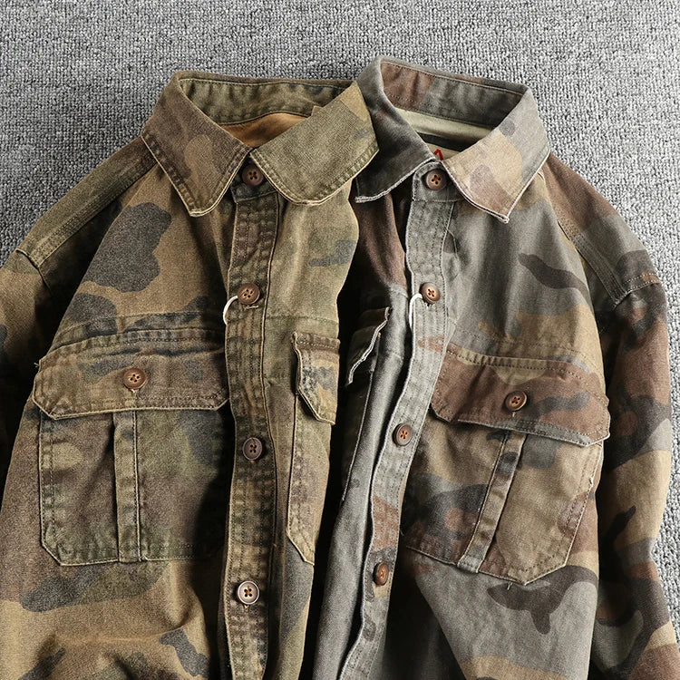 2024 Autumn and Winter New American Retro Woven Camouflage Cargo Shirt Men's 100% Cotton Washed Old Double Pockets Thin Jacket