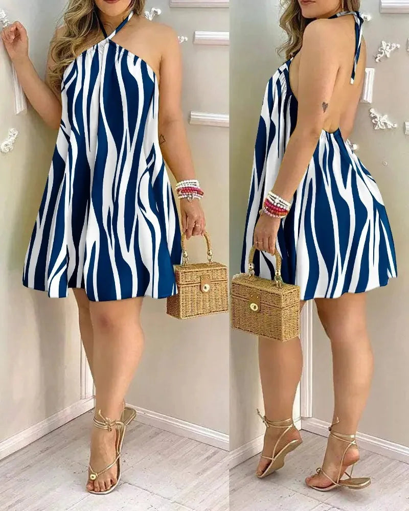 Summer Women Tropical Plant Print Halter Backless Mini Dress Loose Flowy A Line Beach Sundress Holiday Casual Short Dress