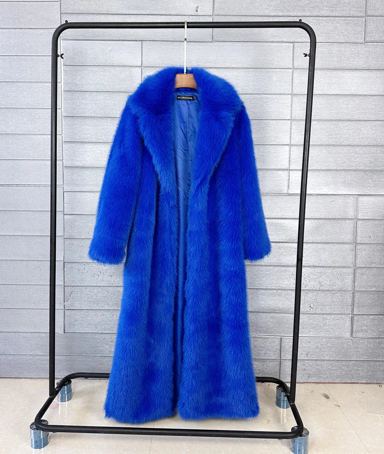 Long Faux Fur Coat Women Autumn Winter Large Jacket Overcoat White Turn Down Collar Pockets Thick Coat Warm Jackets Maxi Coats