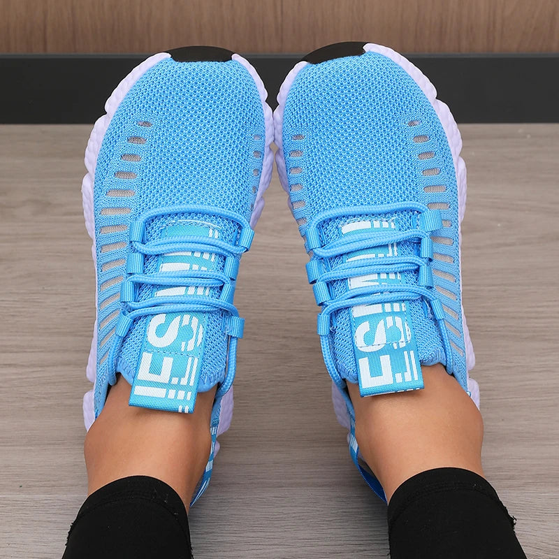 Women's Sneakers Knitted Mesh Breathable Fashionable Lightweight Soft Lace Up Shoes Flexible Trendy Exercise Walking Flat Shoes