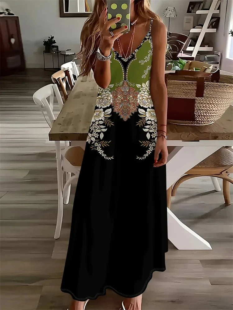 2024 New Women's Vintage Print Sleeveless Floor-Length Sundress Fashion V-Neck Slip Dress Bohemia Casual Loose Holiday Clothing
