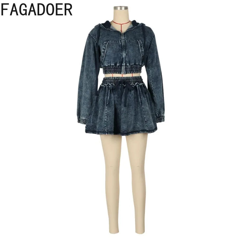 FAGADOER Fashion Denim 2 Pieces Set for Woman Wash Long Sleeve Hooded Crop Top and Pleated Skirts Matching Suits Streetwear New