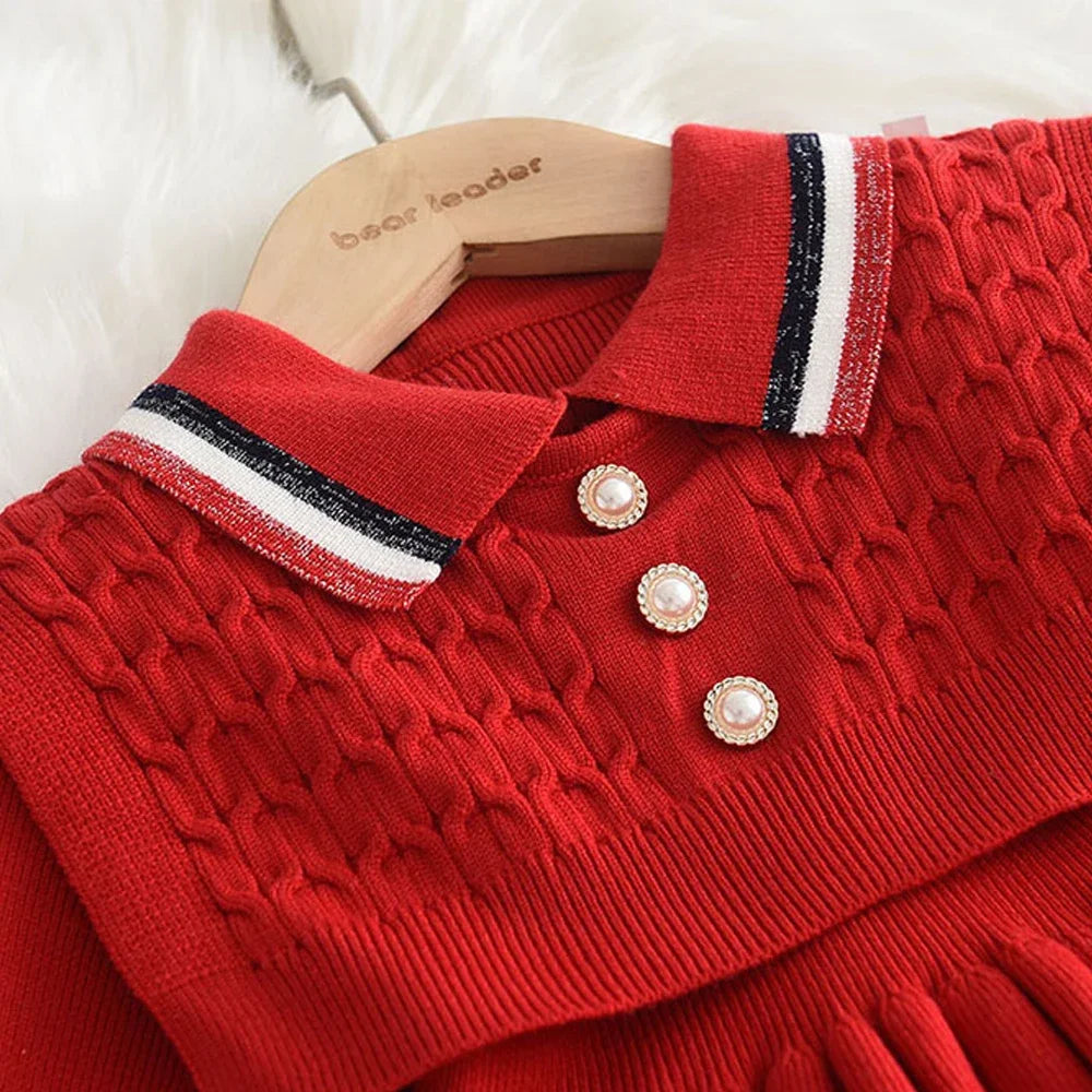Bear Leader Kids Dresses for Girls Pearl Button Tricolor Striped Lapel Knit Skirt Winter College Style Children's Clothing