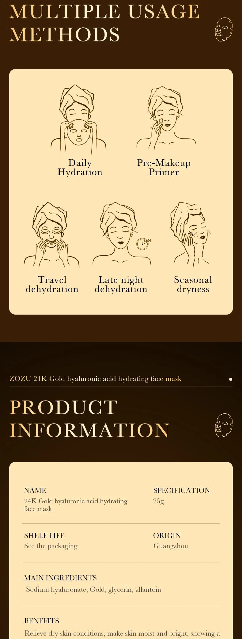 10pcs 24K Golden Hyaluronic Acid Face Mask Facial skincare Firming Moisturizing Hydrating Facial Masks Skin Care Products