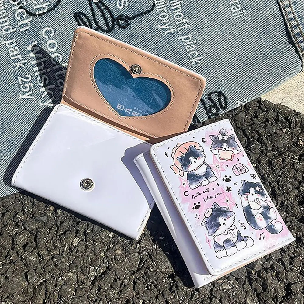 Vintage 3 Folds Money Coin Purse PU Leather Cute Kitten Dog Wallet Money Bag INS Style Card Wallets for Girls Students Gift