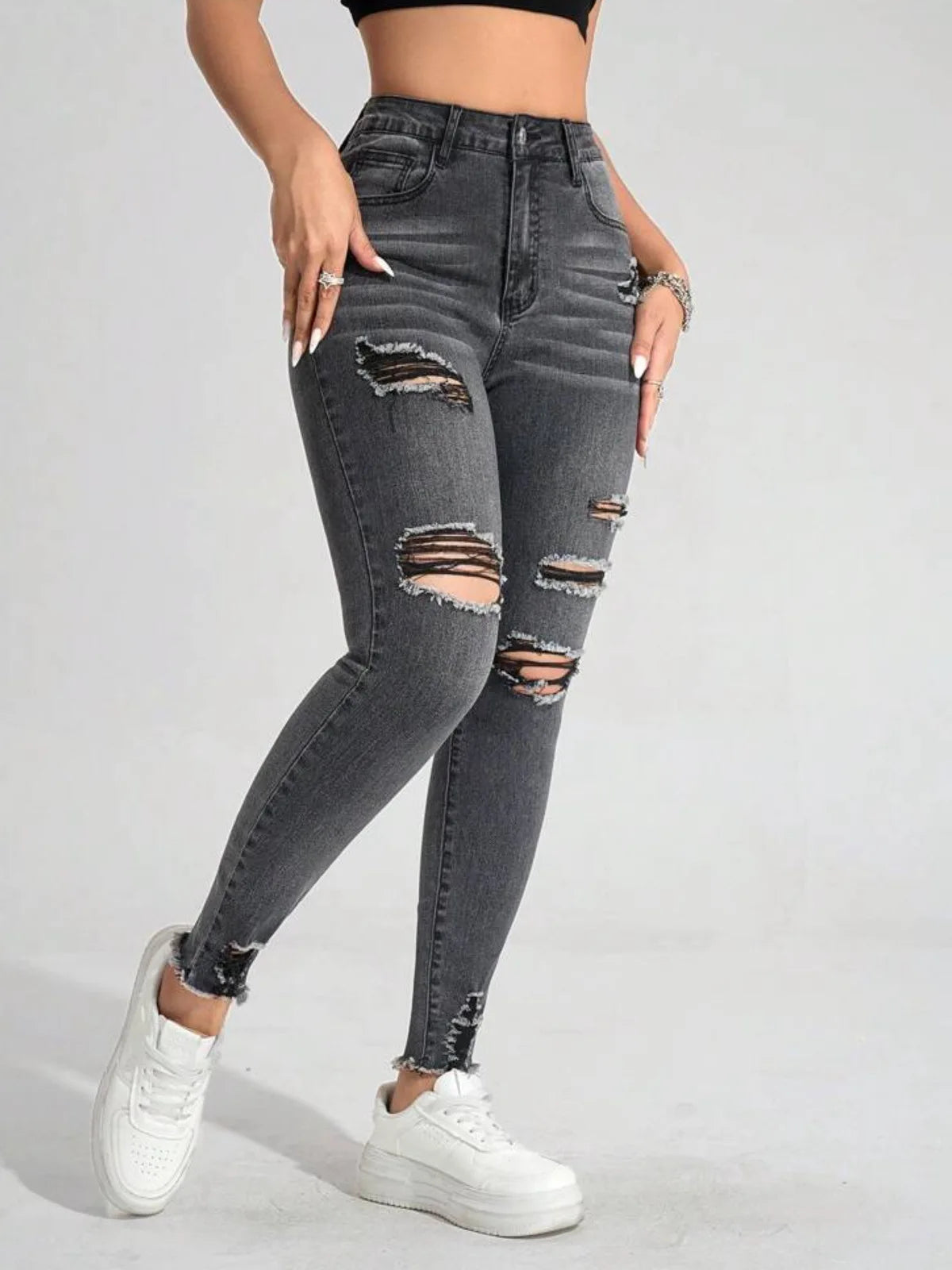 New In Women Fashion Mid Waist Ripped Hole Jeans Casual High Street Denim Pants Sexy Frayed Slim Fit Pencil Pants for Women