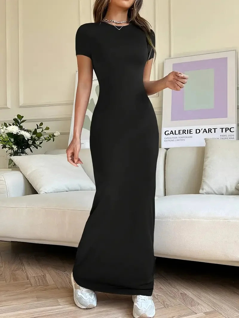 Short-sleeved Solid Color Slim Sexy Waisted Spring And Summer Temperament Dress Women's Round Neck Elegant Long Dress For Dinner