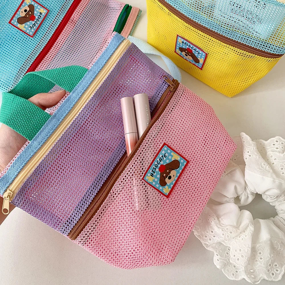 Women's Color-Block Mesh Makeup Bag with Top Handle and Cute Patch Small Cosmetic Pouch for Daily Travel Essentials Storage