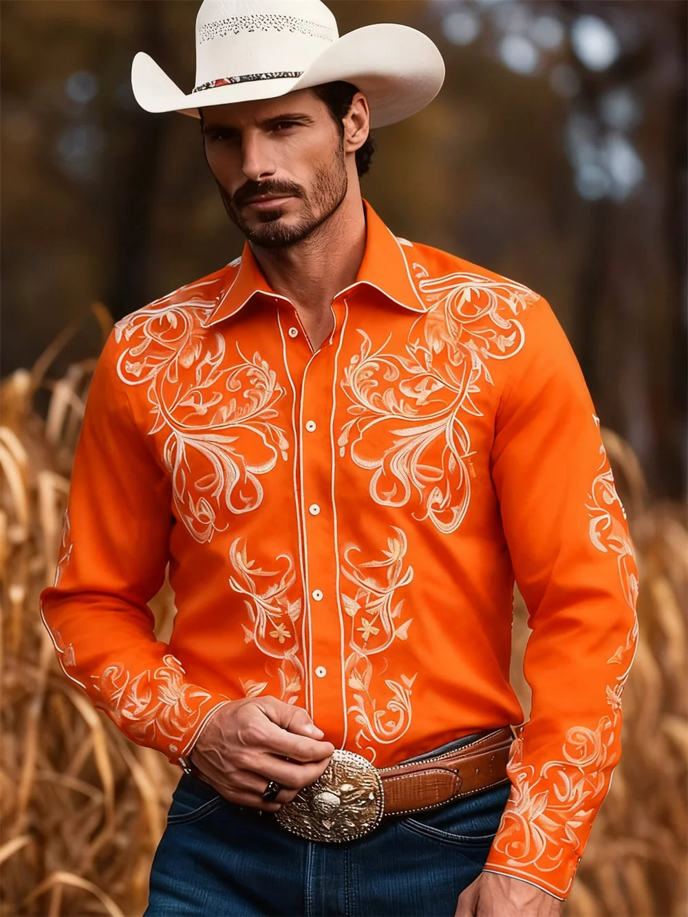 Men's Western Cowboy Style Casual Shirt with 3D Digital Printing Pattern, Vintage Holiday Casual Button Shirt