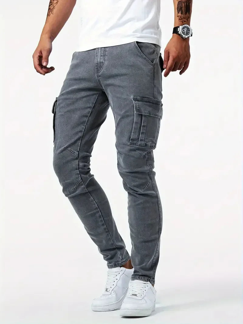 Street Elastic Jeans Men Denim Cargo Pants Wash Solid Color Multi Pockets Casual Mid Waist Trousers Slim Fit Daily Wear Joggers
