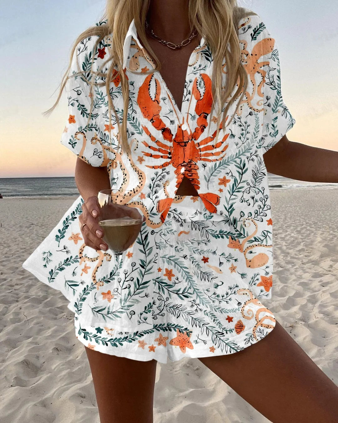 Summer Women's Print Beach Holiday Two-Piece Set Fashion Short Sleeve Buttoned Shirt with Wide Leg Shorts Casual Outfit