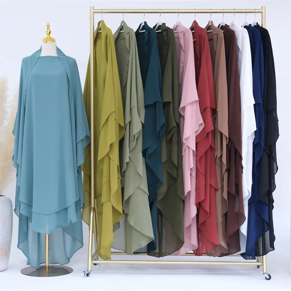 Two Layer Chiffon Extra Long Khimar Niqab Eid Ramadan Muslim Women Islamic Clothing Prayer Garment Overhead Abaya Dress Kaftan