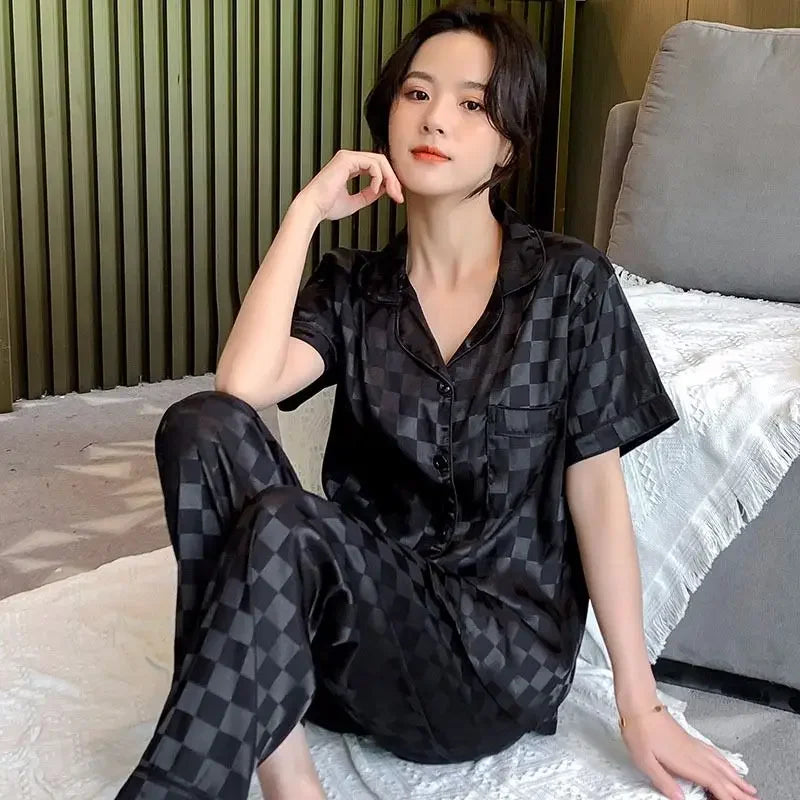 Summer Women Pajama Set Lapel Collar Checkered Jacquard Soft 2Pcs Short Sleeve Long Pants Home Sleepwear Loungewear For Ladies