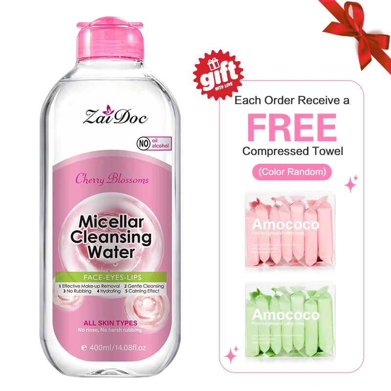 ZaiDoc Turmeric/Cherry Blossom Micellar Cleansing Water Makeup Remover No Rinse No Rubbing All Skin Types Face Eyes Lips 400ml Each