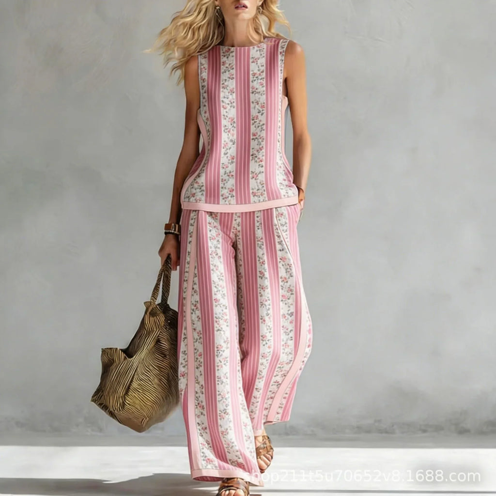 New Fashion Retro Printed Sleeveless Tops Trousers 2-piece Sets Women's Summer Casual Vest Loose Wide Leg Trousers Female Suit