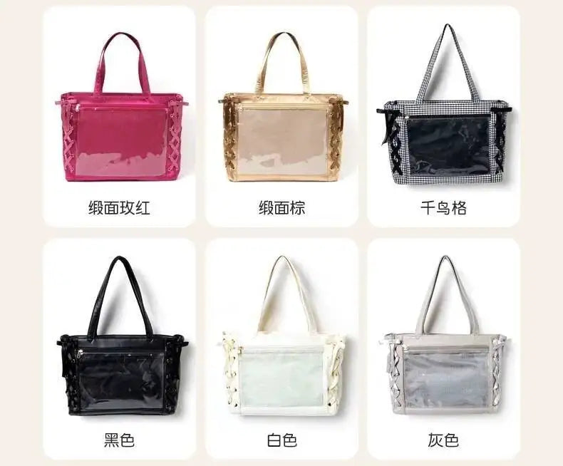 Japanese Sweet Women Ribbon Ita Bag Fashion Large Capacity Tote Bag Aesthetic Shoulder Bag Cute Lolita Girl Transparent Handbags