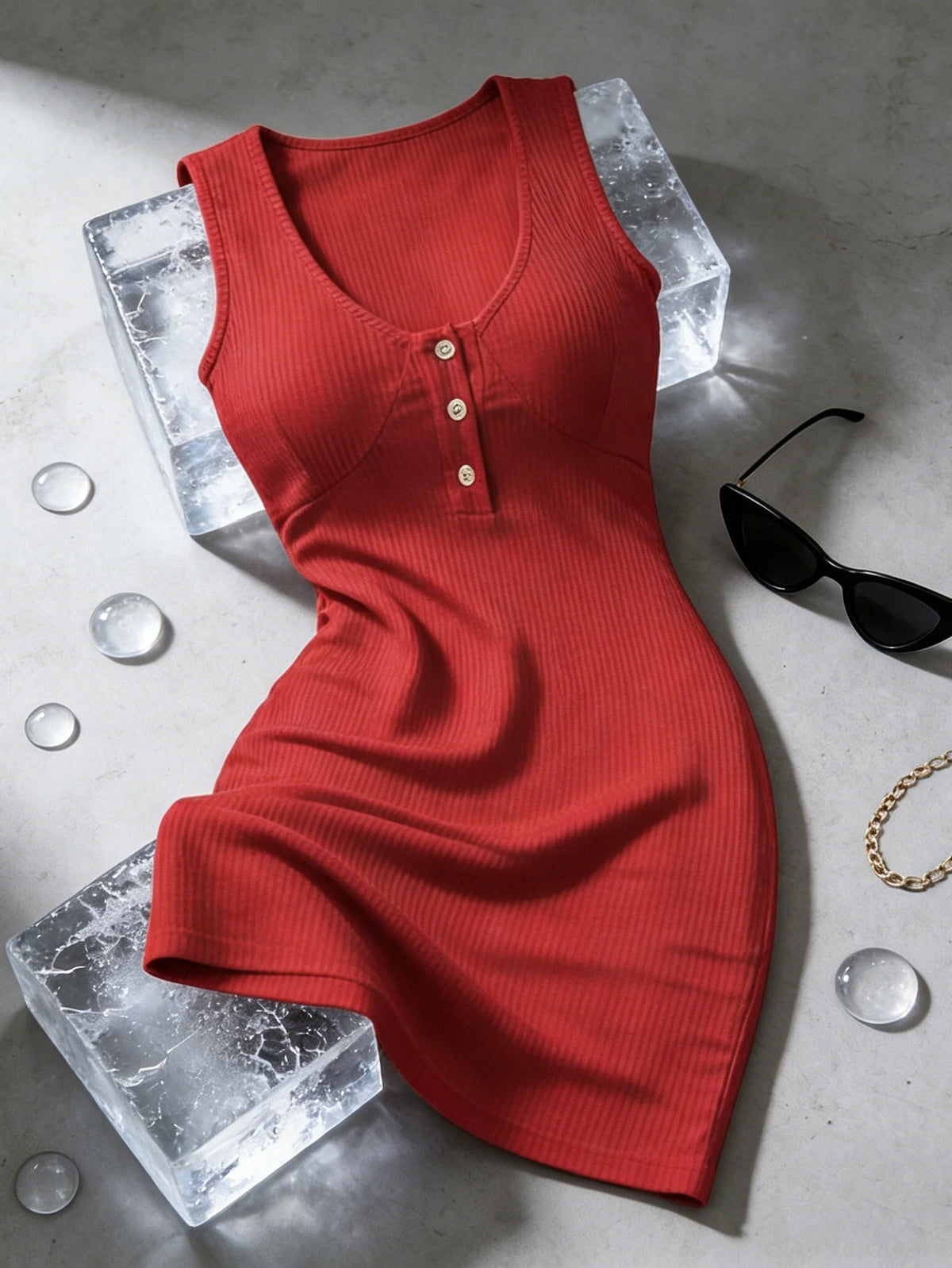 American-Style Spicy Girl Red Ribbed Sleeveless Bodycon Mini Dress, Henley V-Neck Three-Button Slim Fit Knit Dress