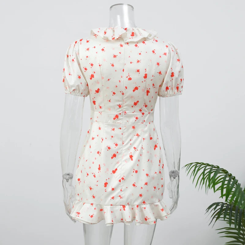 Elegant Print Low-cut Ruffle Short Dress Women V-neck Short-sleeved Waist Cinching Pleated Mini Dresses Casual Party Vestidos