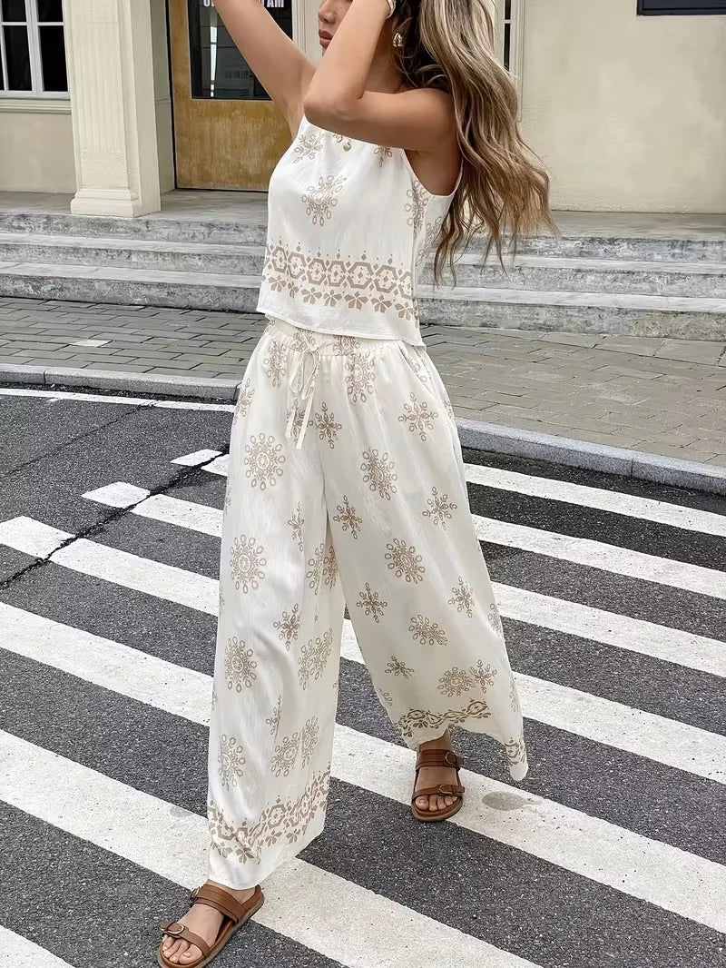 Women's Casual Pant Sets 2026 Summer Fashion Printed Streetwear Sleeveless Tank Tops Waist Loose Wide Leg Pants 2 Piece Sets