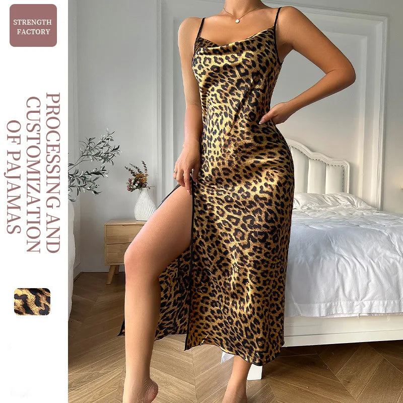 Summer women’s ice-silk spaghetti-strap dress; faux silk leopard-print pyjamas and loungewear; women’s backless, slit-hem spaghe