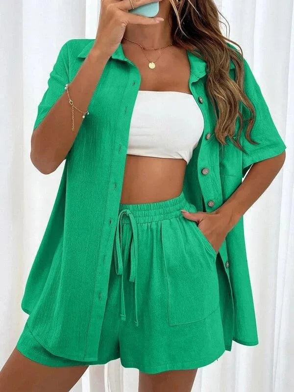 Solid Color Casual Fashion Loose Short Pants Sets For Women Elegant Summer Women's Long Sleeve Single breasted Two Pieces