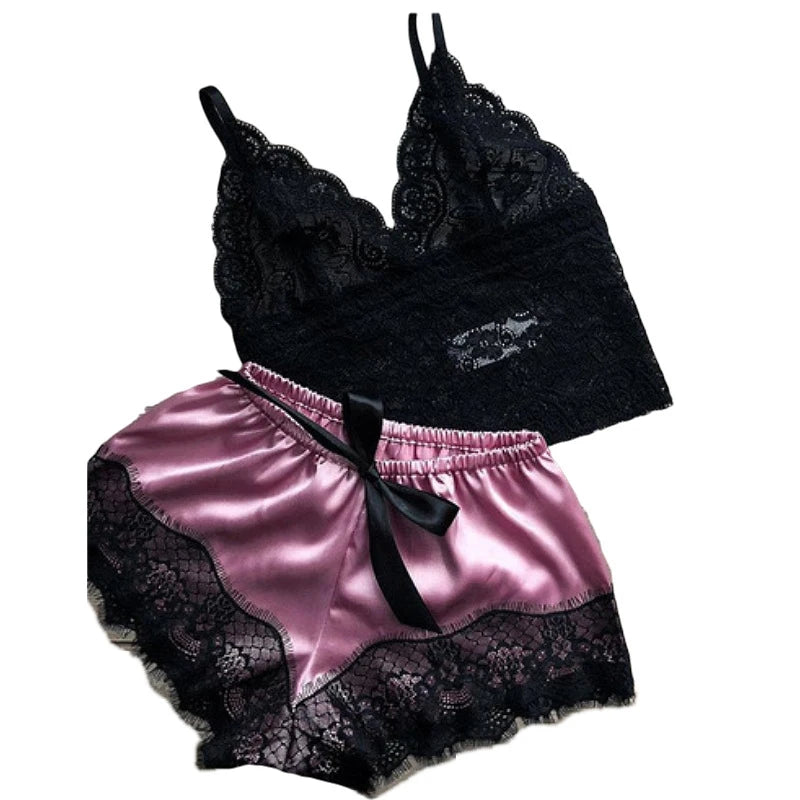Women's Lace Pajama Set – Crop Top & Shorts