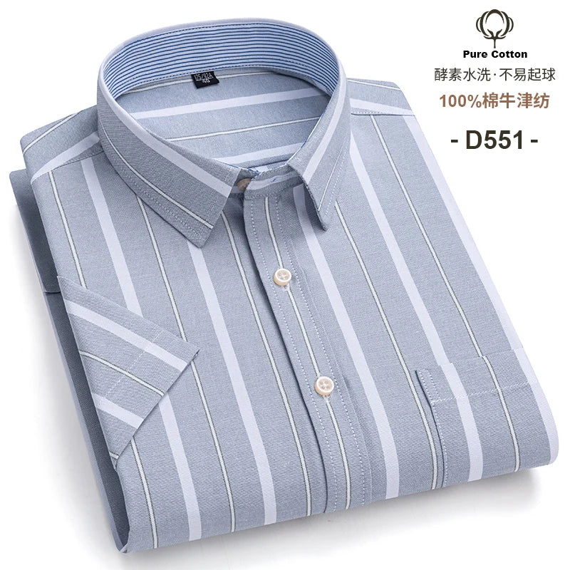 100%Pure Cotton Oxford Men's Shirts Short Sleeve Plaid Soft Regular Fit Formal Dress Shirt Social Blouse Male Clothes 6XL 7XL