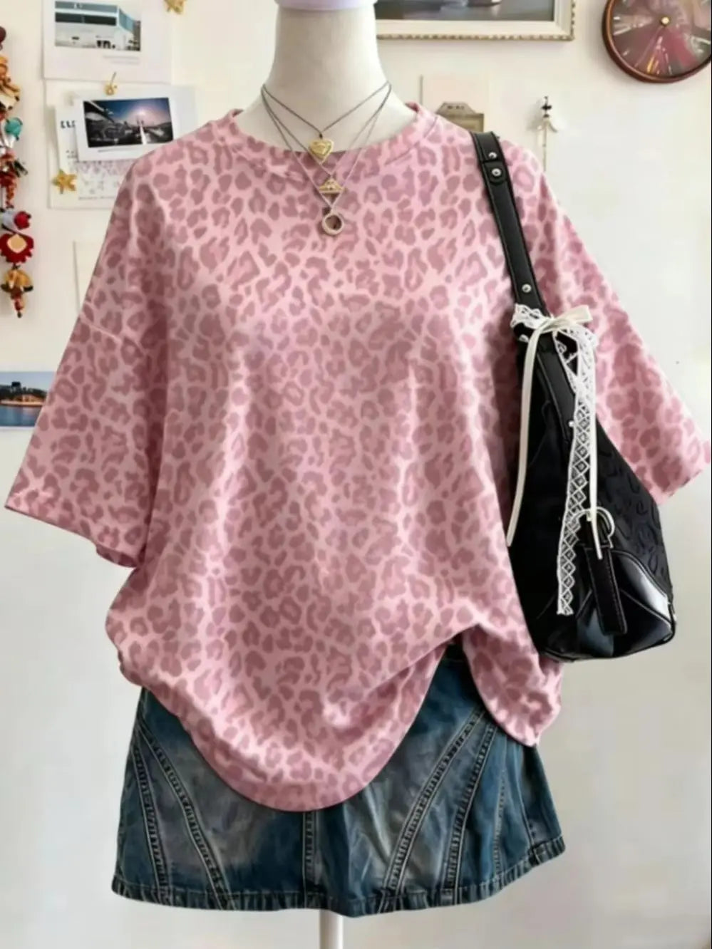 Summer Y2K Leopard Print Casual Oversized Round Neck Drop Shoulder Women Short Sleeve T-shirt Street Casual Sports Top