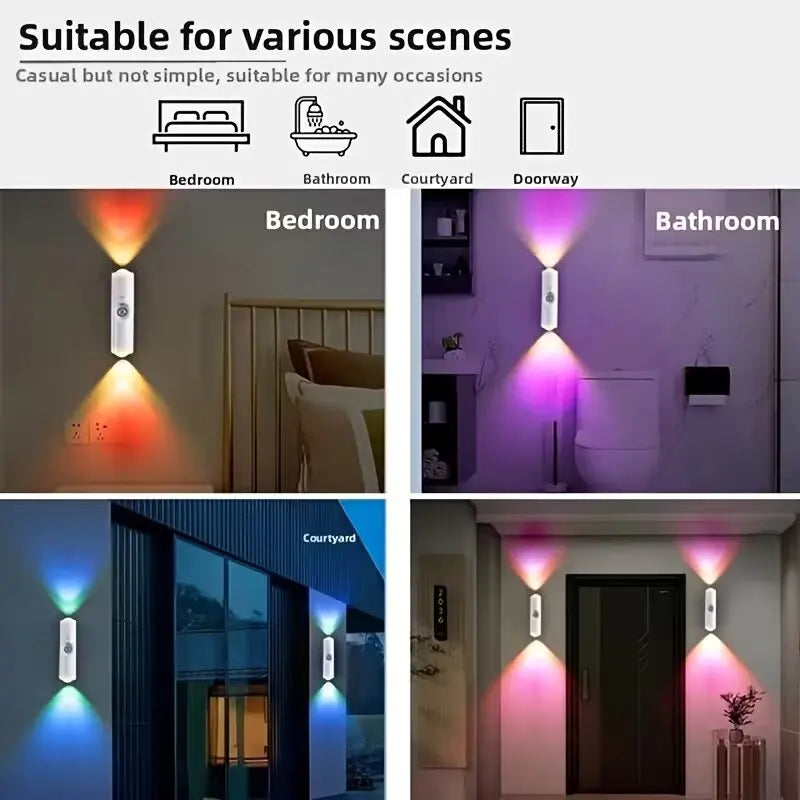 RGB Motion Sensor LED Wall Lamp Type-C Rechargeable Up-Down Dual Lighting Color Changing Neon Mood Light Dimmable Nightlight for Bedroom Corridor Stair Decor Christmas Gift
