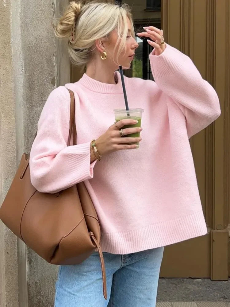 Women's Pink Knitted Sweater Cozy Long Sleeve Large Size Pull Knitwears Pullovers Cute Core Top White Fall 2025 New Streetwear