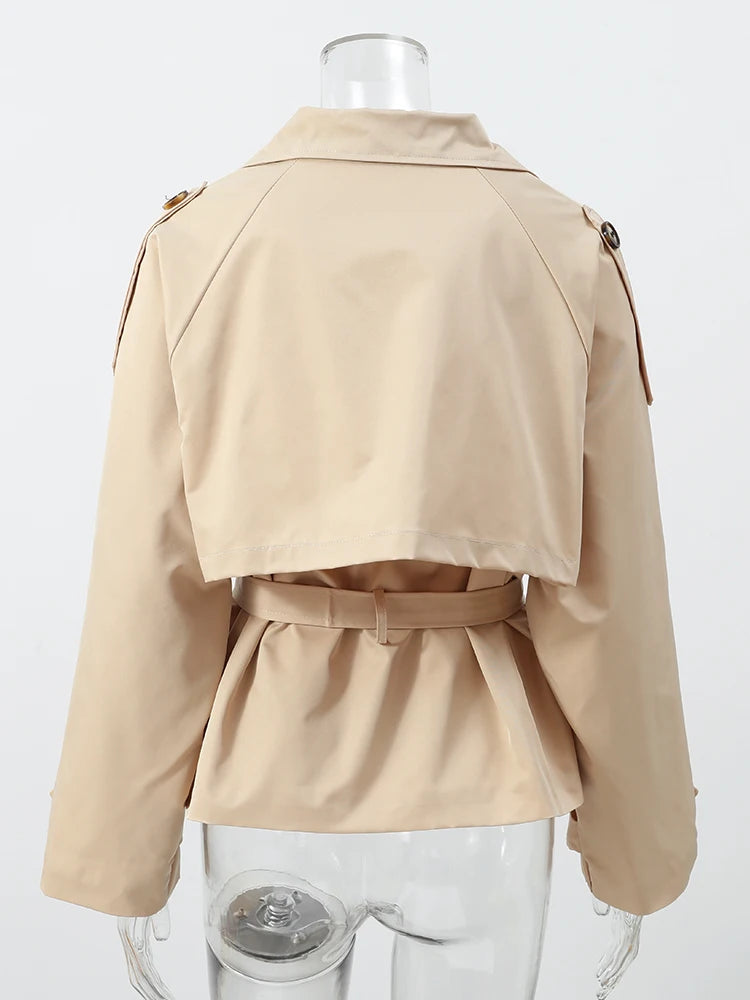 Khaki Lace Up Cape Trench Coat Loose Solid Full Sleeve Lapel Windbreaker 2026 Autumn New Fashion Commute Casual Daily Coats