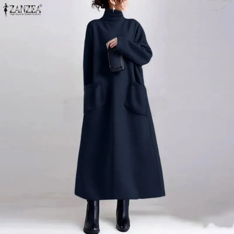 ZANZEA Fashion Sweatshirt Dress Women Casual Turtleneck Long Sleeve Solid A-Line Midi Dresses for Woman FW 2025 Cozy Warm Robes